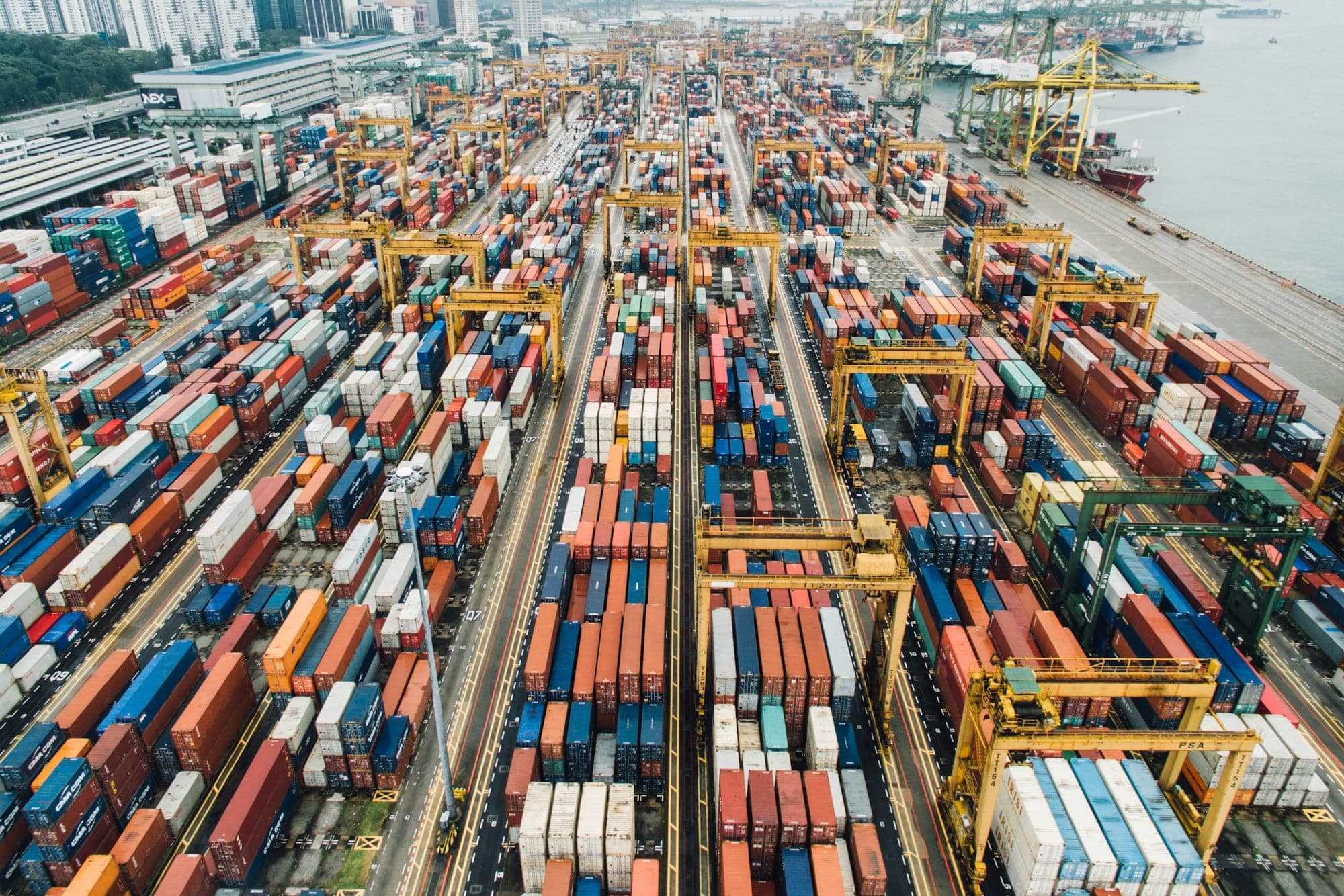 Stacked export containers in a marshalling yard